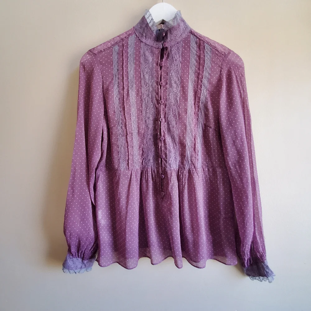 Vintage purple blouse with lace, long sleeve, Semi Sheer, Medium Size - Picture 2 of 9